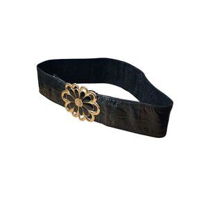ULTRA‎ VINTAGE black clip buckle flower belt 70's groovy
